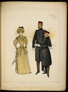 En av Gaiety-jentene, og to offiserer fra Livgarden. av Dudley Hardy