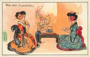 Te og skandale: to japanske kvinner drikker te (farge litho)