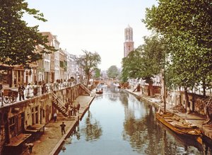 Utsikt nedover Oudegracht i Utrecht, 1890-1900