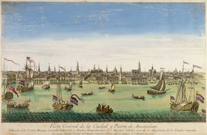 Et generelt syn på havnen og byen Amsterdam, gravering av D.G. Hucquier, 1500-tallet av Dutch School