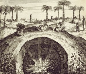 En gigantisk underjordisk dampkoker, fra Kina illustrert av Athanasius Kircher (1601-80) 1667 av Dutch School
