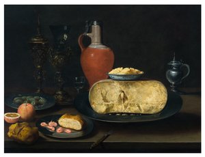 Et stilleben med ost, smør, brød, reker, appelsiner, oliven og vin på et bord av Dutch School