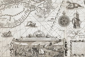 En detalj av to gammeldagse hvallignende sjømonstre og et innfelt med mer naturtro hvaler, fra 'Nova Francia, alio nomine dicta Terranova, anno 1504...' av Dutch School