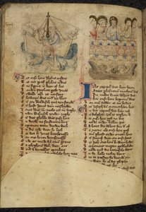 Legge til. 11575, f.65v Jonah and the Whale, fra Spiegel van der Menschen Behoudenisse (oversettelse av Mirror of Human Salvation) (vellum) av Dutch School