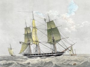 Amerikansk marinekorvett under seil, tidlig på 1800-tallet (trykk) av Dutch School