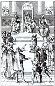 Tilståelse for rettelser for domstolen, etter et tresnitt i Praxis Rerum Criminalium av Joos de Damhouder (1507-81) publisert Antwerpen, 1556 av Dutch School