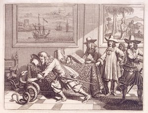Håndterer en kobra som har invadert de nederlandske offisersrommene, 1672 av Dutch School