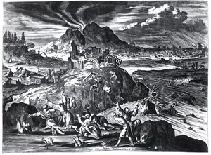Jordskjelv i Edo (Tokyo) i 1659, illustrasjon fra beretningen av Arnold Montanus om ambassader sendt av det nederlandske østindiske kompaniet til keiseren av Japan, publisert i Amsterdam 1669 ( av Dutch School