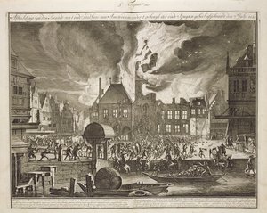 Brann i det gamle rådhuset i Amsterdam, 17. juli 1652, fra en bok om brannbekjempelse i Holland, utgitt ca. 1700 av Dutch School