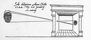 Første publiserte illustrasjon av en camera obscura som observerte en solformørkelse i januar 1544 av Dutch School