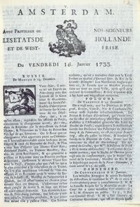 Forsiden av La Gazette dAmsterdam, 16. januar 1733 (trykt papir) av Dutch School