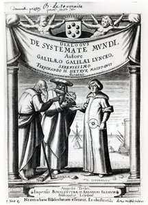 Frontispice av Dialogus De Systemate Mundi av Galileo (1564-1642), utgitt i Leyden 1635 av Dutch School