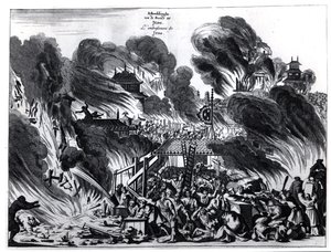 Stor brann i Yedo (Tokyo) på 1600-tallet, illustrasjon fra beretningen av Arnold Montanus om ambassader sendt av det nederlandske østindiske kompaniet til keiseren av Japan, publisert i Amsterdam 1680 av Dutch School