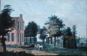 Huntsmen in a Garden Setting, ca. 1770 (gouache på papir) av Dutch School