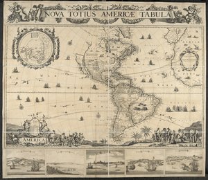 Kart over Amerika, Nova totius Americae Table, [med utsikt over] Panama, Caput S. Augustini, New Amsterdam, S. Frelser, Navn D. Gud. Tegnet av J. Mathysz av Dutch School