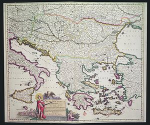 Kart over Hellas, Ungarn og deres omkringliggende land (håndfarget gravering)