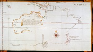 Kart over New Holland, nå Australia, og over New Zealand, hentet fra informasjon samlet inn under turer foretatt av Abel Janszoon Tasman