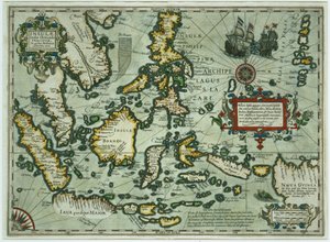 Kart over Øst-India, pub. 1635 i Amsterdam (håndfarget gravering)