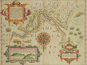 Kart over Magellanstredet, Patagonia, fra puben Mercator Atlas. av Jodocus Hondius (1563-1612) Amsterdam, 1606
