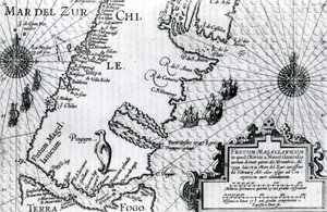 Kart over Magellanstredet, plate fra Oliver van Noorts beskrivelse av hans reise, 1602