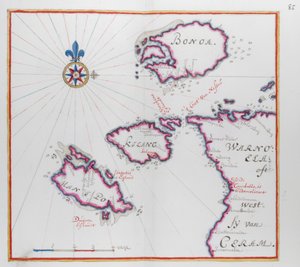 Kart som viser deler av øya Ceram (Seram) og Bonoa (Boano-øya) og Kelang-øya og Manipa-øya. av Dutch School