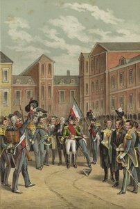 Napoleons farvel til den keiserlige garde i White Horse Courtyard i Fontainebleau-palasset, 1814 av Dutch School