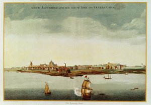 New Amsterdam, ca. 1650-53 (The Prototype View) brukt som frontispice til Stokes Iconography, vol. 1, 1915 (farget trykk) av Dutch School