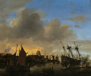 Tallrike skip i en nederlandsk havn av Dutch School