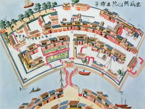 Plan over den nederlandske fabrikken på øya Desima i Nangasaki, fra Illustrasjoner av Japan av Isaac Titsingh (ca. 1740-1812), utgitt London, 1822 av Dutch School