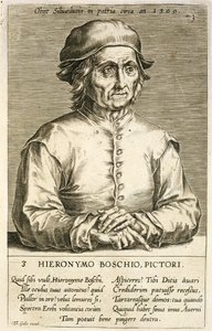 Portrett av Hieronymus Bosch (ca. 1450-1516) plate 3 i en serie portretter av kunstnere, gravert av Theodor Galle (1571-1633) av Dutch School