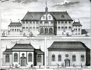 Portugisisk kirke og rådhus i Batavia, 1800-tallet, av Dutch School