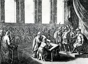 Ptolemaios Philadelphus, konge av Egypt, innkaller 72 menn fra Judea for å oversette jødisk lov til gresk, ca. 1700