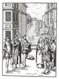 Salg av Town Crier, etter et tresnitt i Praxis Rerum Civilium av Joos de Damhouder (1507-81) utgitt Antwerpen, 1557 av Dutch School