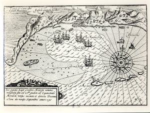 Ankomsten til viseadmiral Wybrandt Van Warwijcks Flotilla ved Sørøst-havnen i Mauritius i september 1598 av Dutch School