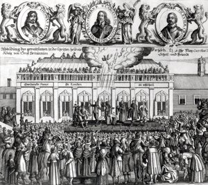 Halshuggingen av kong Charles I (1600-49) 1649 (gravering) (bw-foto) av Dutch School