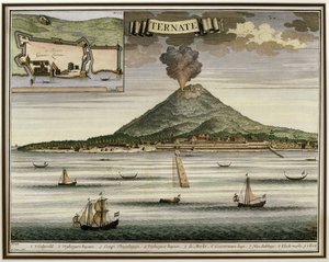 The Island of Ternate, Molukkene, Indonesia, illustrasjon fra Oud Nieuw Oost-Indien, 1724-26 av Dutch School