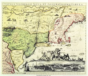 Restitutio-Allardt-kartet over New Amsterdam, gravert og pub. av Carolus Allardt, 1673 (kobberstikk)