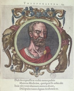 Theophrastus (ca. 372-287 f.Kr.), illustrasjon fra Old and Recent Physics and Philosophers av Johannes Sambucus (1531-84), utgitt av Plantin i Leyden 1603 (fargegravering) av Dutch School