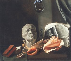 Vanitas stilleben med byste, skjell, bøker og glasskolber (olje på lerret) av Dutch School