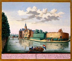 Utsikt over Marquette House, Kennemerland, fra Het Zeganpralent Kennemerlant av Hendrick de Leth og Matthias Brouerius Van Nidek, utgitt ca. 1700-30 av Dutch School