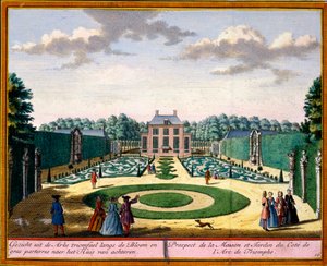 Utsikt over huset og hagen nær triumfbuen, fra Her Zeganpralent Kennemerland av Hendrik de Leth og Matthias Brouerius Van Nidek, utgitt ca. 1700-30 av Dutch School