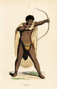 Khoikhoi-mann i dyrehudkappe, perlekledd, med pil og bue av Duverger Duverger