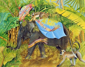 Elephant with Monkeys and Parasol, 2005 (akryl på lerret)
