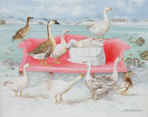 Gjess på rosa sofa, 2000 (akryl på lerret) av E.B. Watts