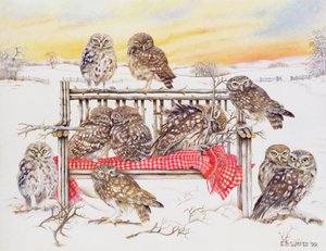 Little Owls on Twig Bench, 1999 (akryl på lerret)