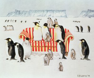 Pingviner på en rød og hvit sofa, 1994 (akryl)