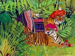 Tigerfamilie med thailandske klær, 2004 (akryl på lerret) av E.B. Watts