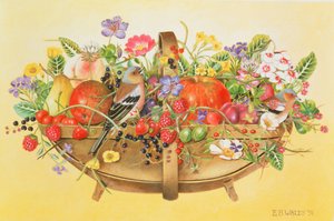 Trug med frukt, blomster og bokfinker, 1991 (akryl)
