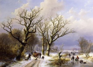 Et skogkledd vinterlandskap med figurer, 1863 av E.J. Verboeckhoven