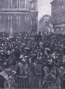 CIV-ene som marsjerer ned Ludgate Hill, på vei til Mansion House til Waterloo Station, illustrasjon fra Cassells History of England, 1900-tallet av E.S. Hodgson